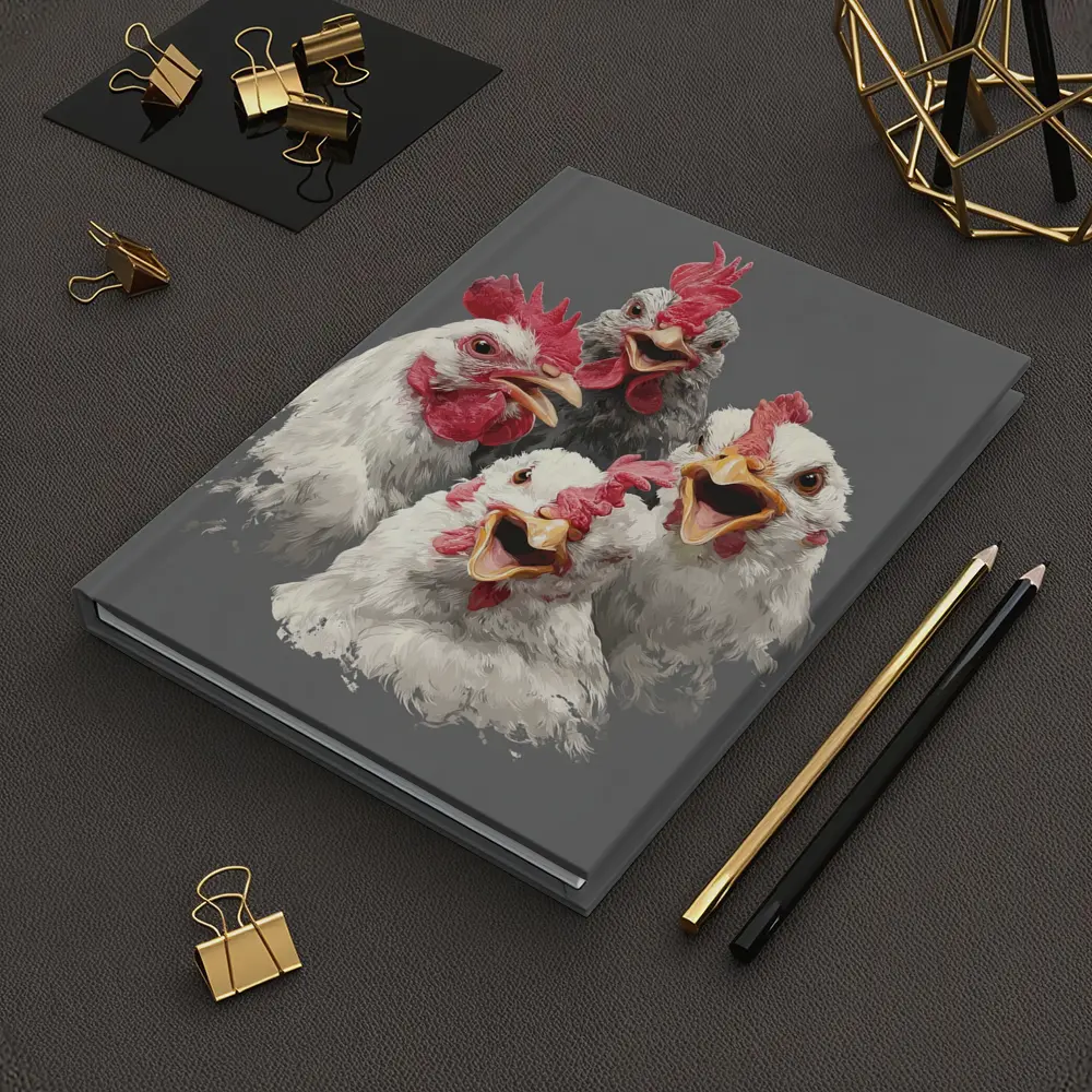 Four Expressive Chickens Portrait Gray Background – Notebooks