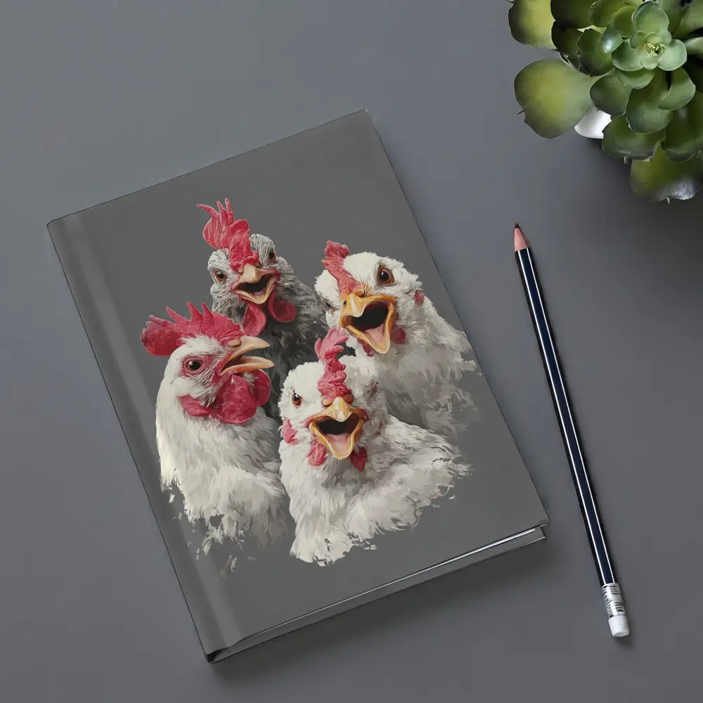 Four Expressive Chickens Portrait Gray Background – Notebooks