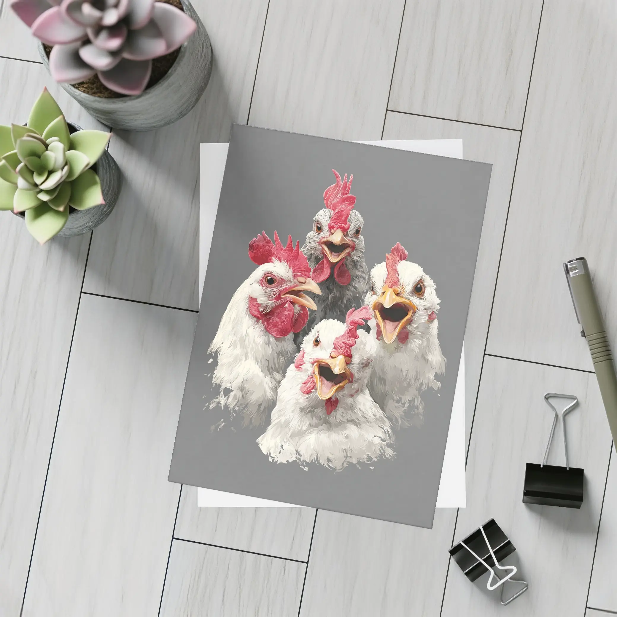 Four Expressive Chickens Portrait Gray Background – Postcards