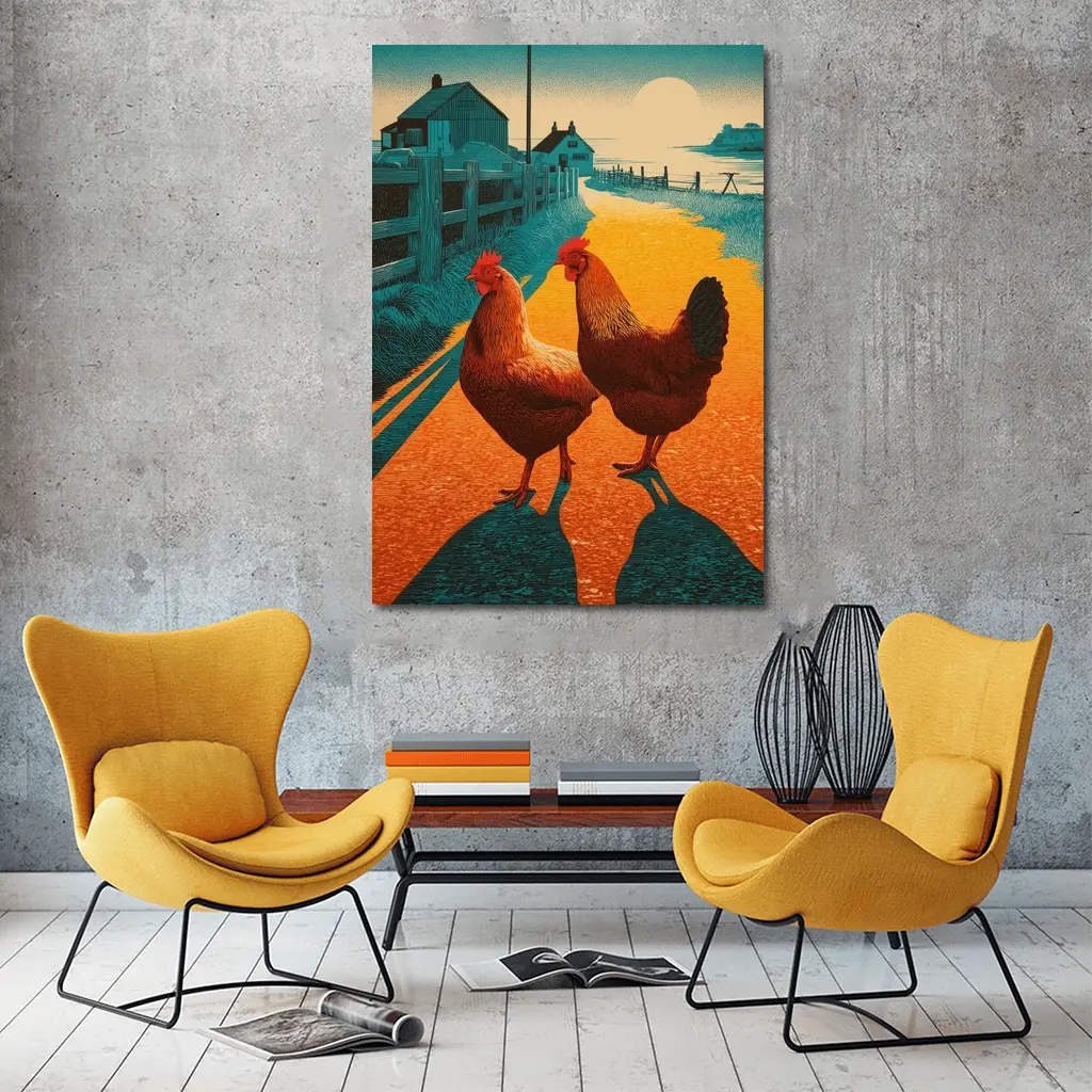 Two Roosters Farm Road Sunset Illustration – Wall Art