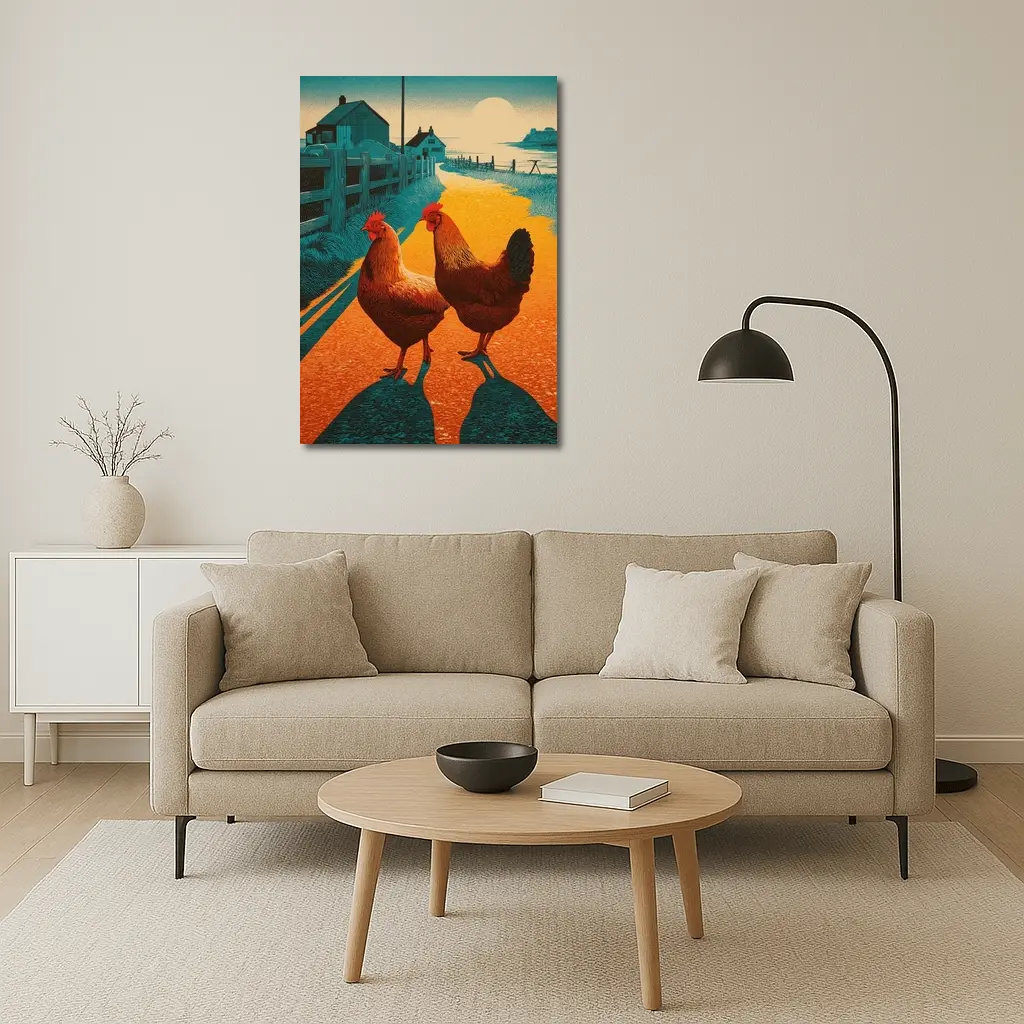 Two Roosters Farm Road Sunset Illustration – Wall Art