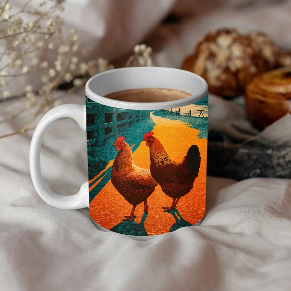Two Roosters Farm Road Sunset Illustration – Mugs