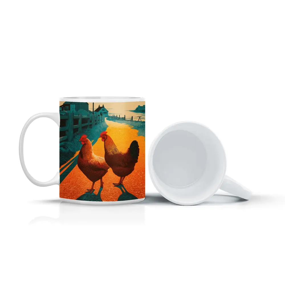 Two Roosters Farm Road Sunset Illustration – Mugs