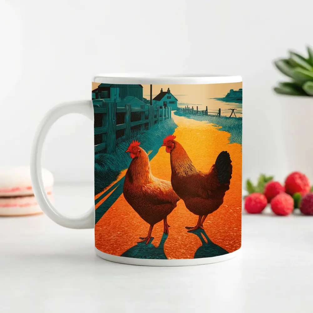 Two Roosters Farm Road Sunset Illustration – Mugs