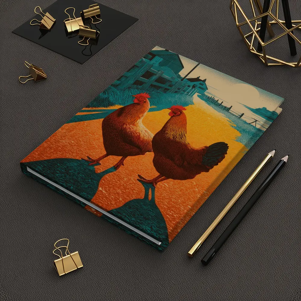 Two Roosters Farm Road Sunset Illustration – Notebooks