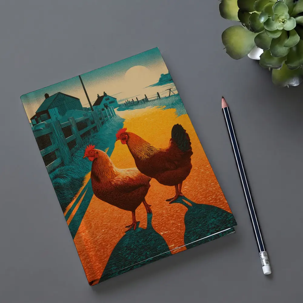 Two Roosters Farm Road Sunset Illustration – Notebooks