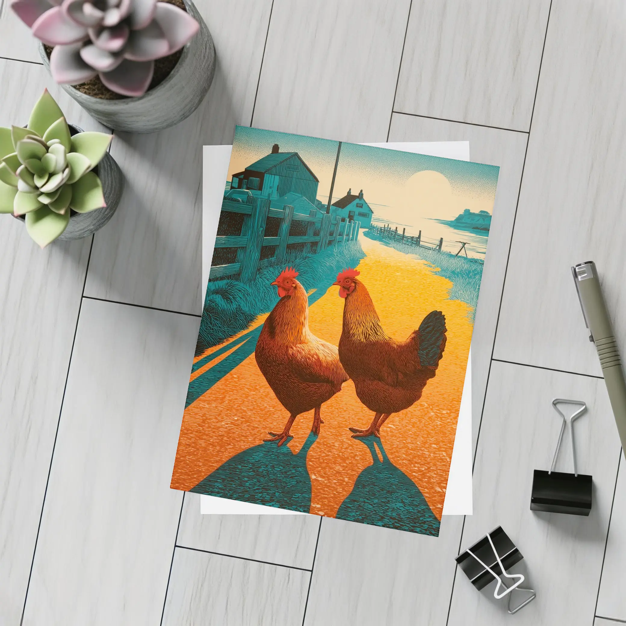 Two Roosters Farm Road Sunset Illustration – Postcards