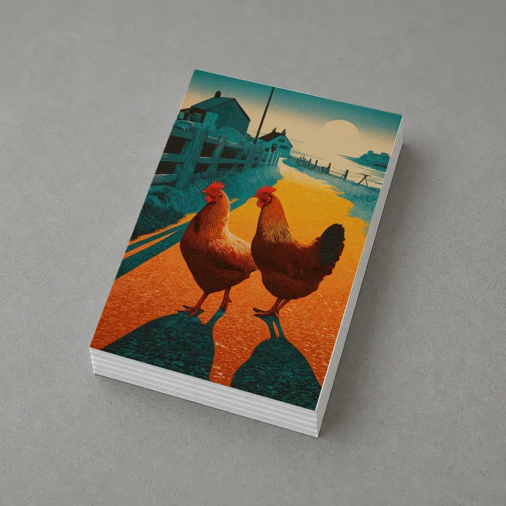Two Roosters Farm Road Sunset Illustration – Postcards