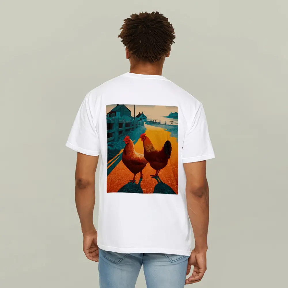 Two Roosters Farm Road Sunset Illustration – T-Shirts