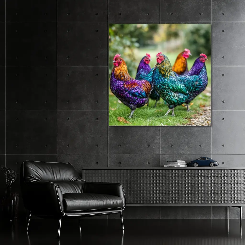 Colorful Chickens Roosters On Green Grass – Wall Art