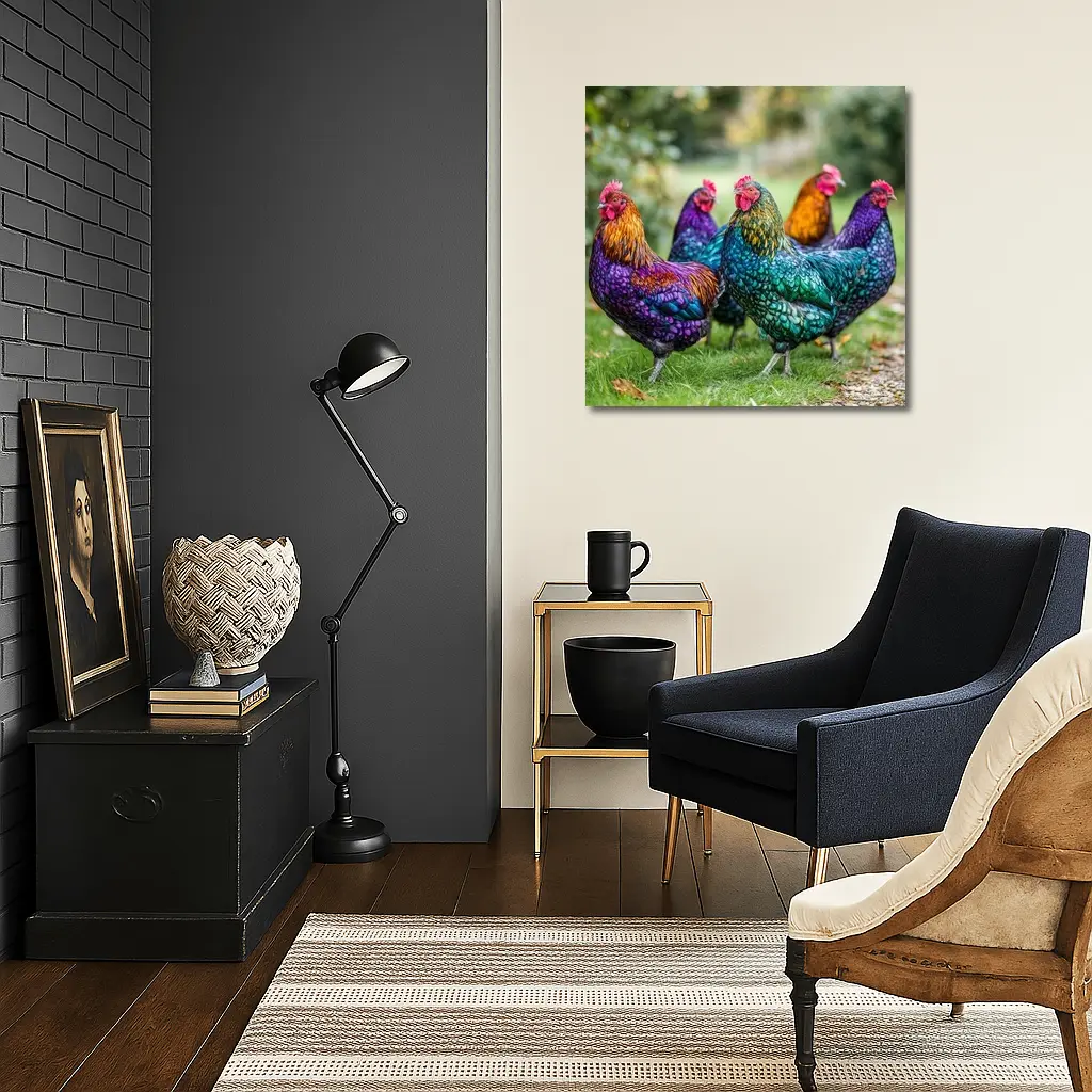 Colorful Chickens Roosters On Green Grass – Wall Art