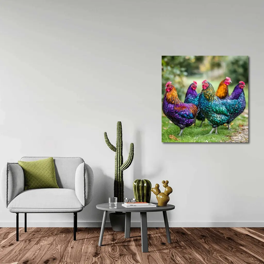 Colorful Chickens Roosters On Green Grass – Wall Art