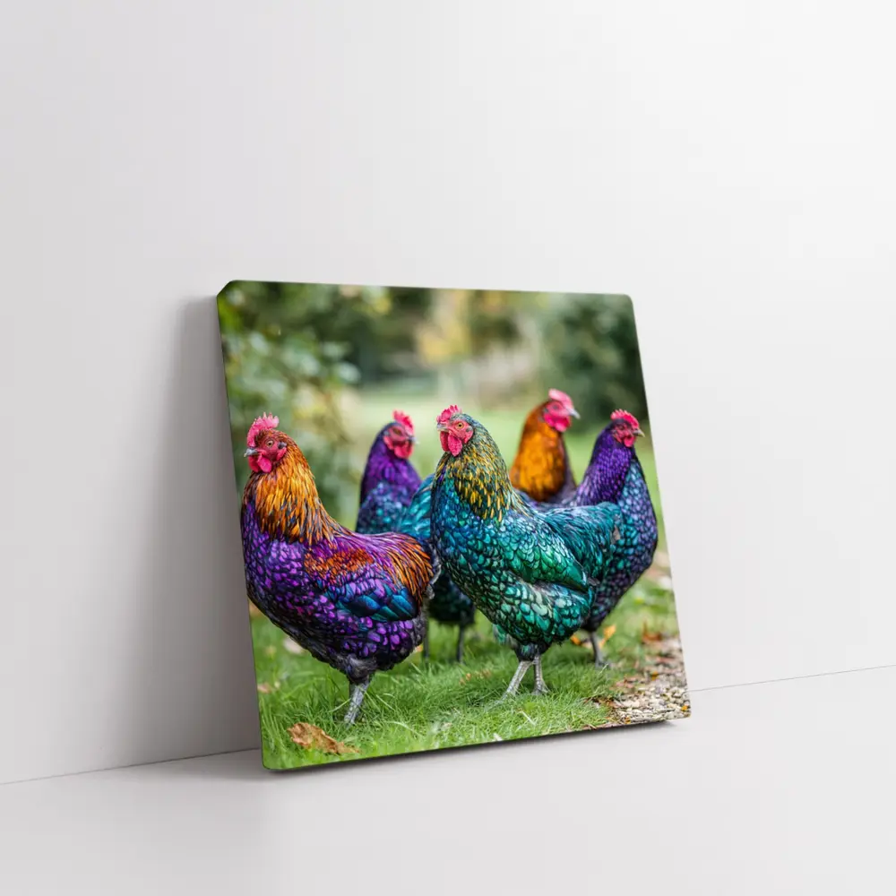 Colorful Chickens Roosters On Green Grass – Wall Art