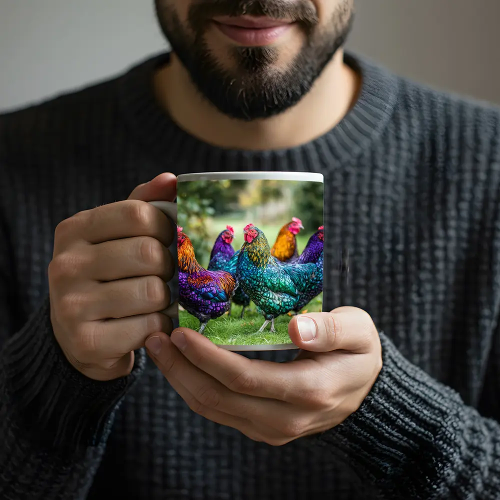 Colorful Chickens Roosters On Green Grass – Mugs