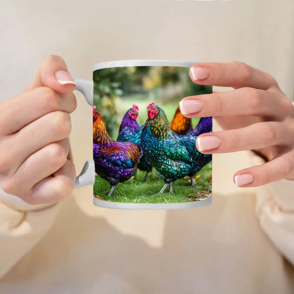 Colorful Chickens Roosters On Green Grass – Mugs