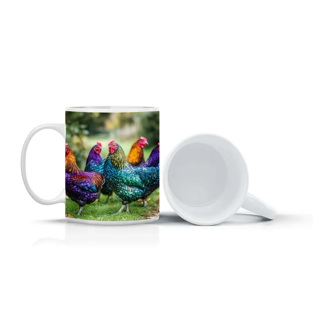 Colorful Chickens Roosters On Green Grass – Mugs