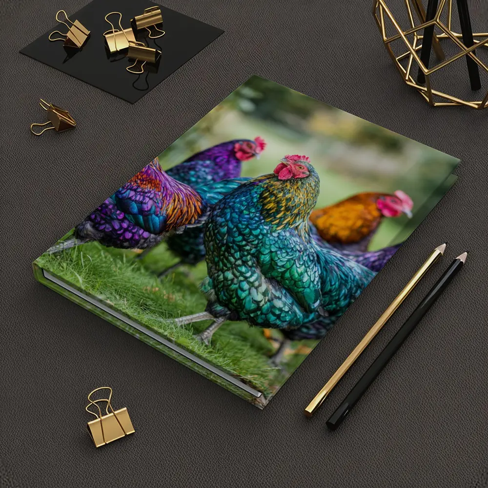 Colorful Chickens Roosters On Green Grass – Notebooks