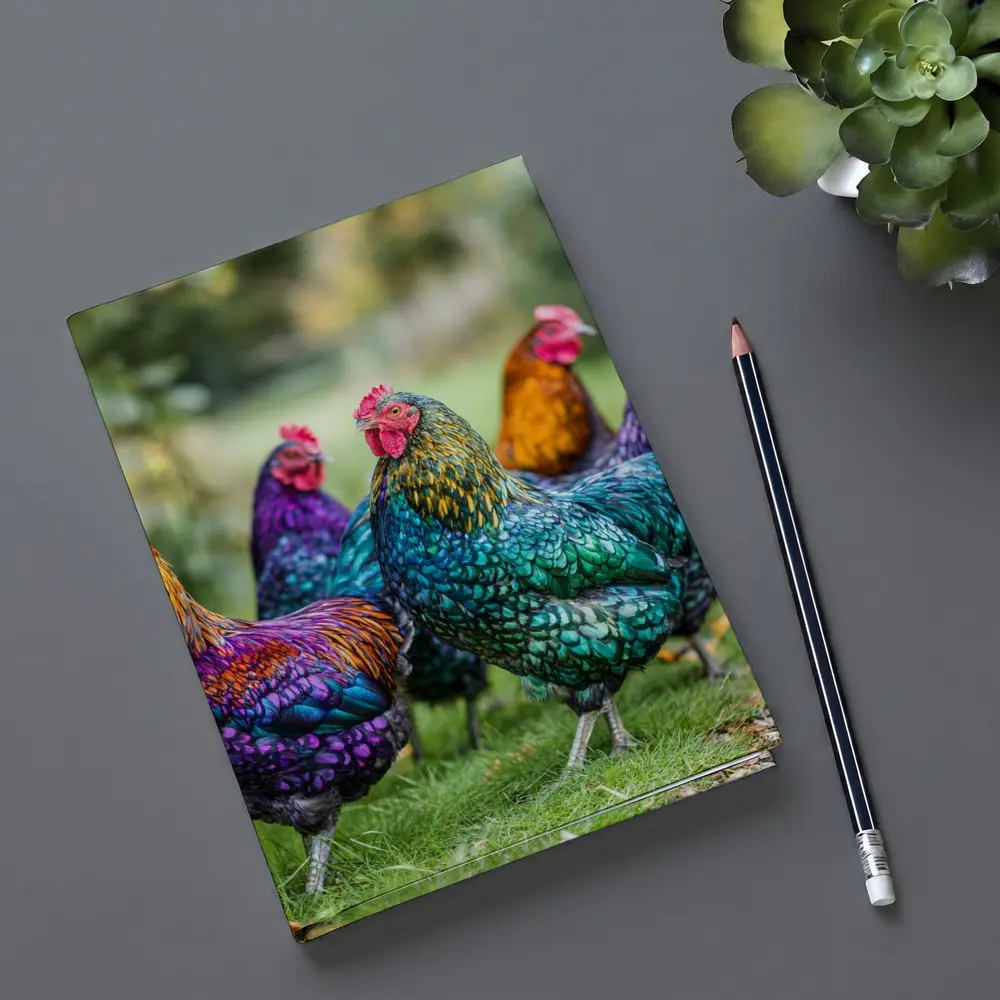 Colorful Chickens Roosters On Green Grass – Notebooks