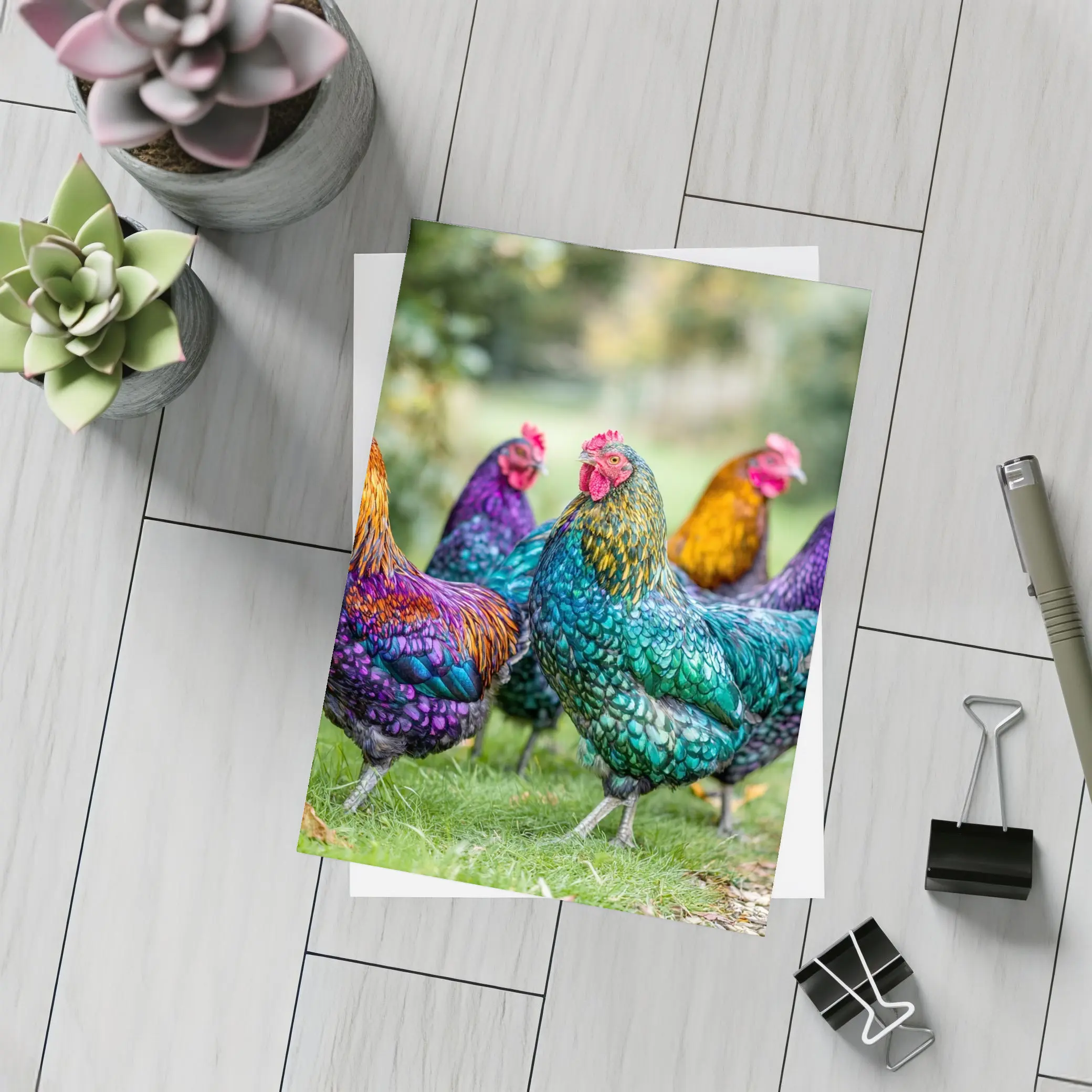 Colorful Chickens Roosters On Green Grass – Postcards