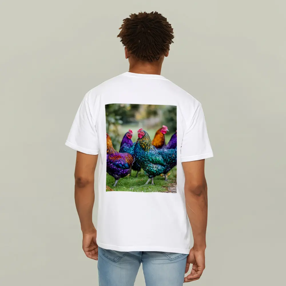 Colorful Chickens Roosters On Green Grass – T-Shirts