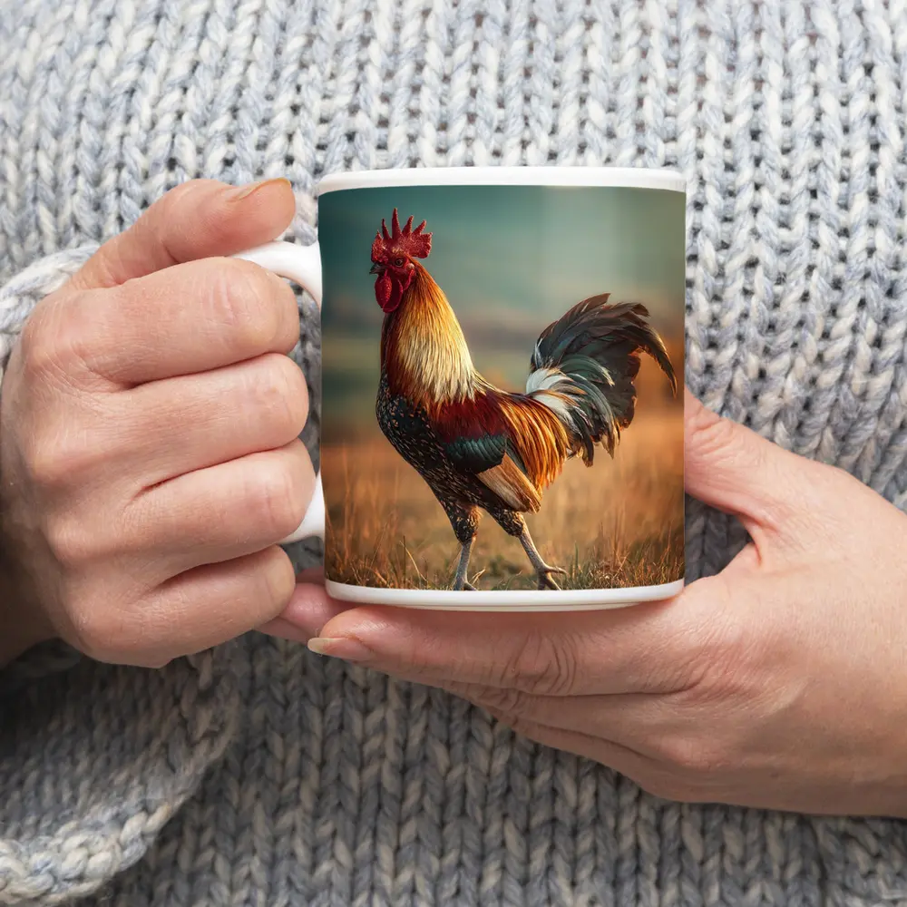 Rooster Standing in Golden Field Landscape – Mugs