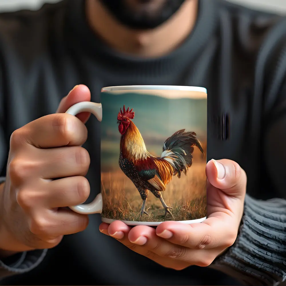 Rooster Standing in Golden Field Landscape – Mugs