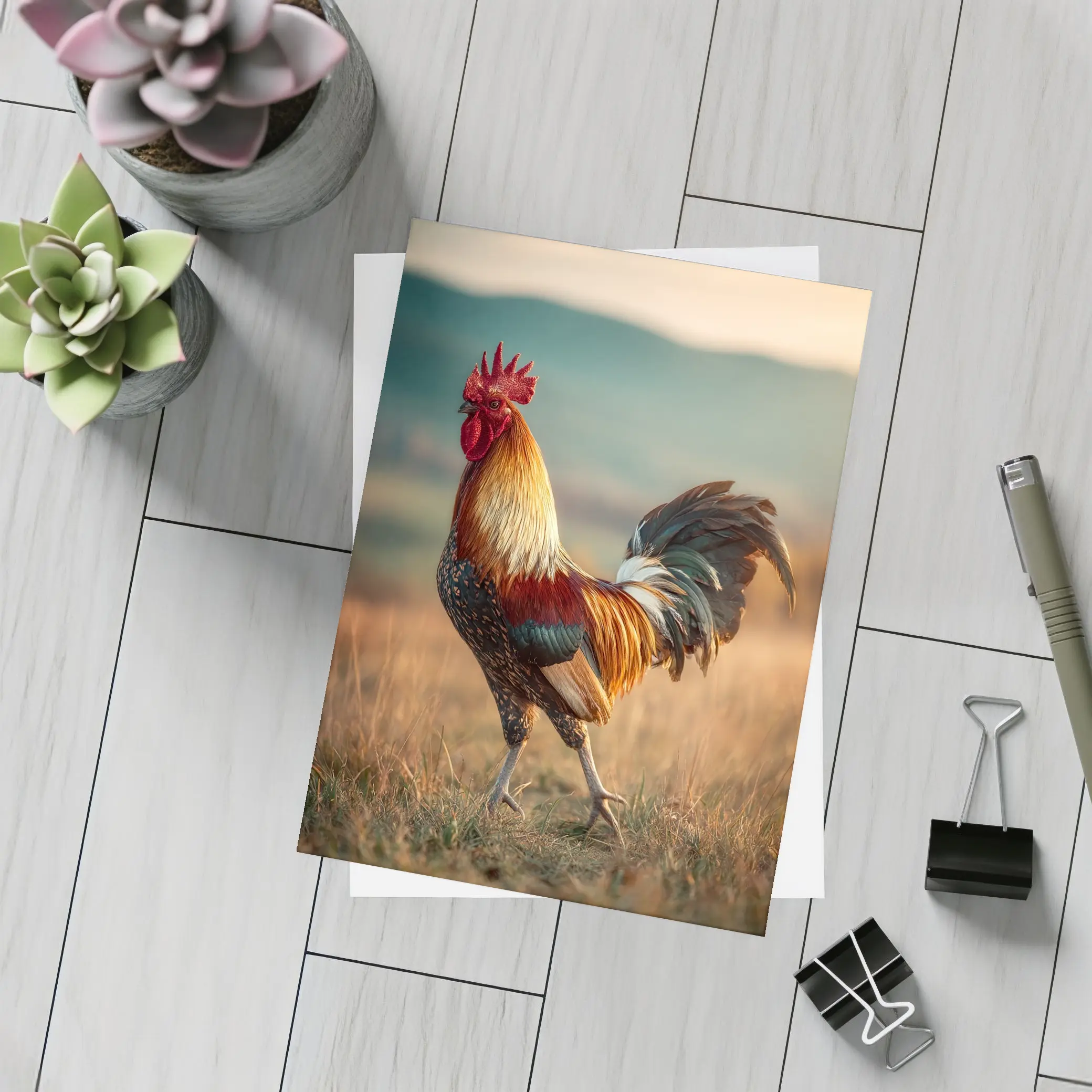 Rooster Standing in Golden Field Landscape – Postcards