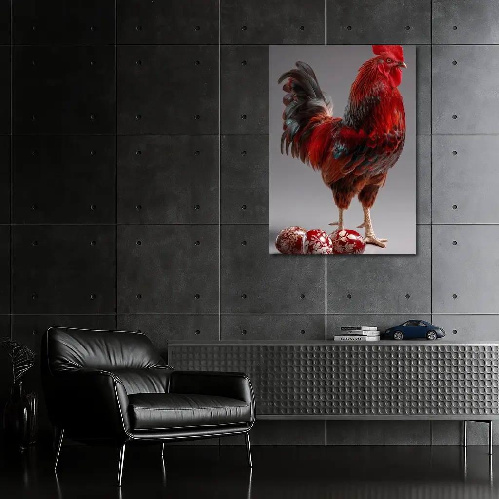 Red Rooster With Decorated Easter Eggs Gray – Wall Art