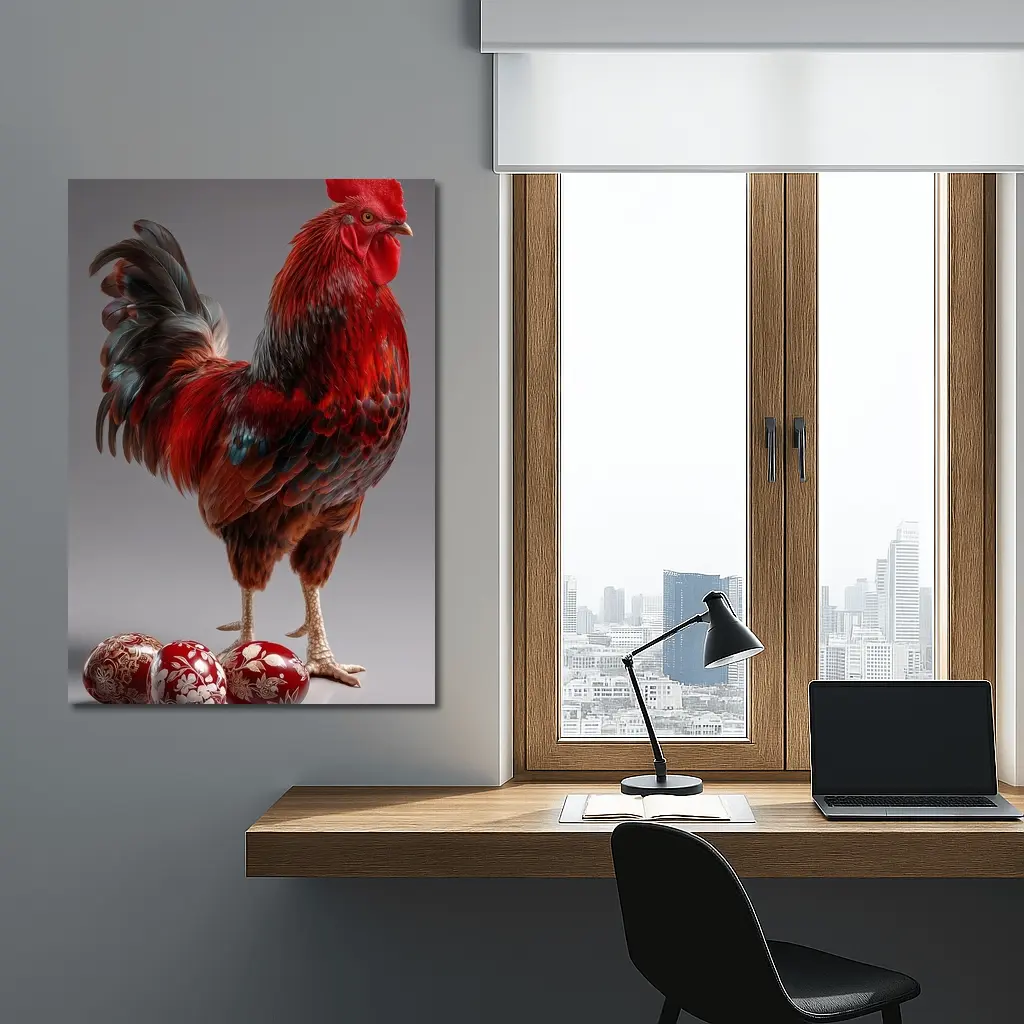 Red Rooster With Decorated Easter Eggs Gray – Wall Art