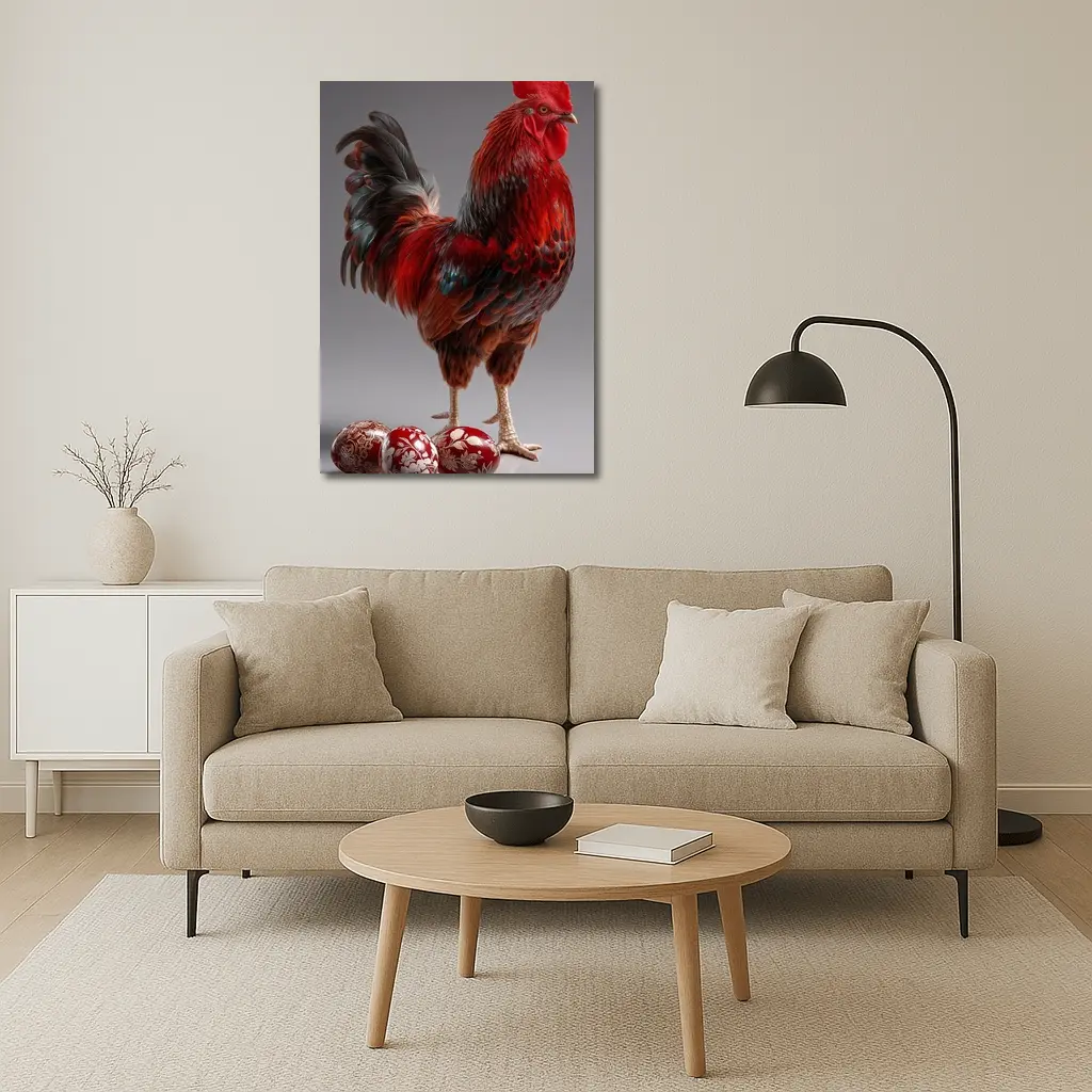 Red Rooster With Decorated Easter Eggs Gray – Wall Art