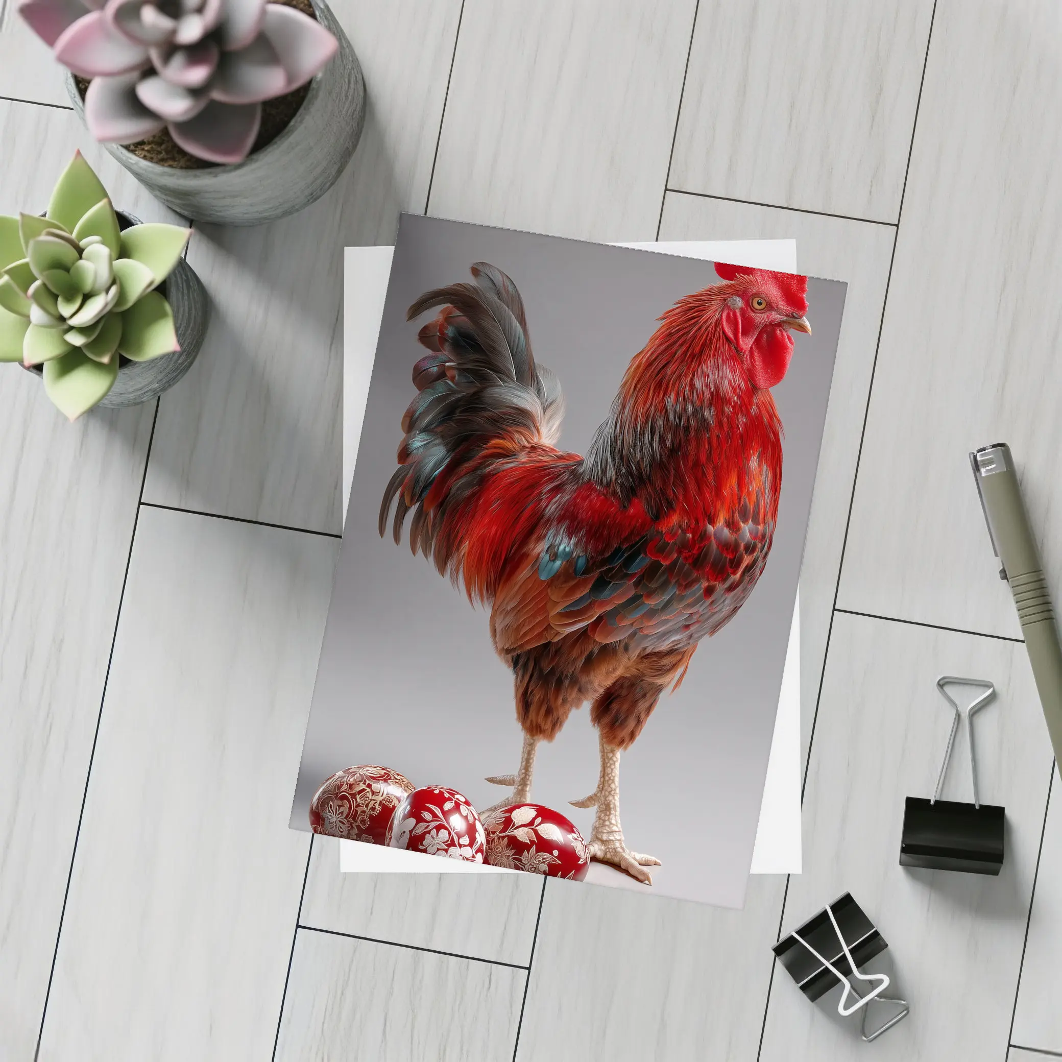 Red Rooster With Decorated Easter Eggs Gray – Postcards