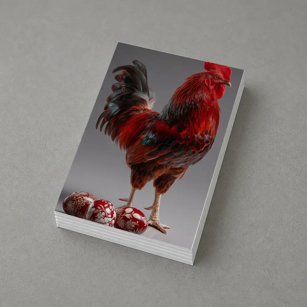 Red Rooster With Decorated Easter Eggs Gray – Postcards