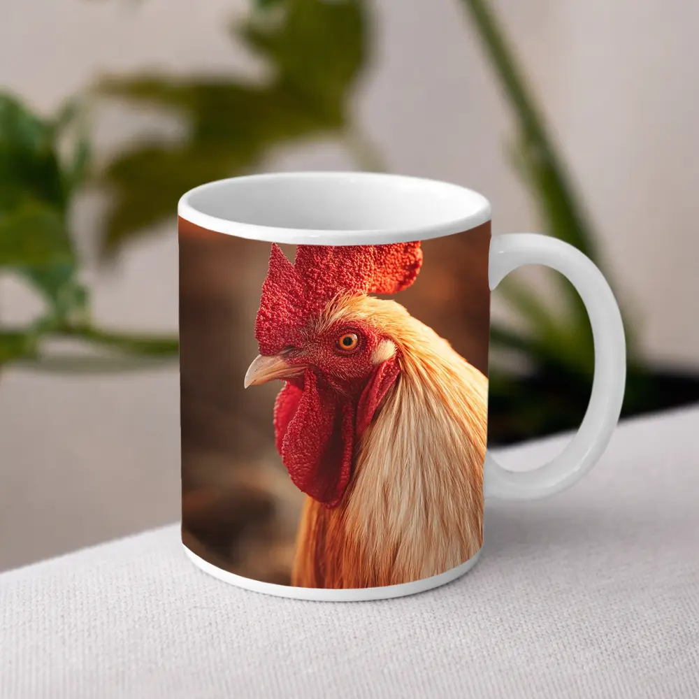 Golden Rooster Portrait Warm Bokeh Background – Mugs