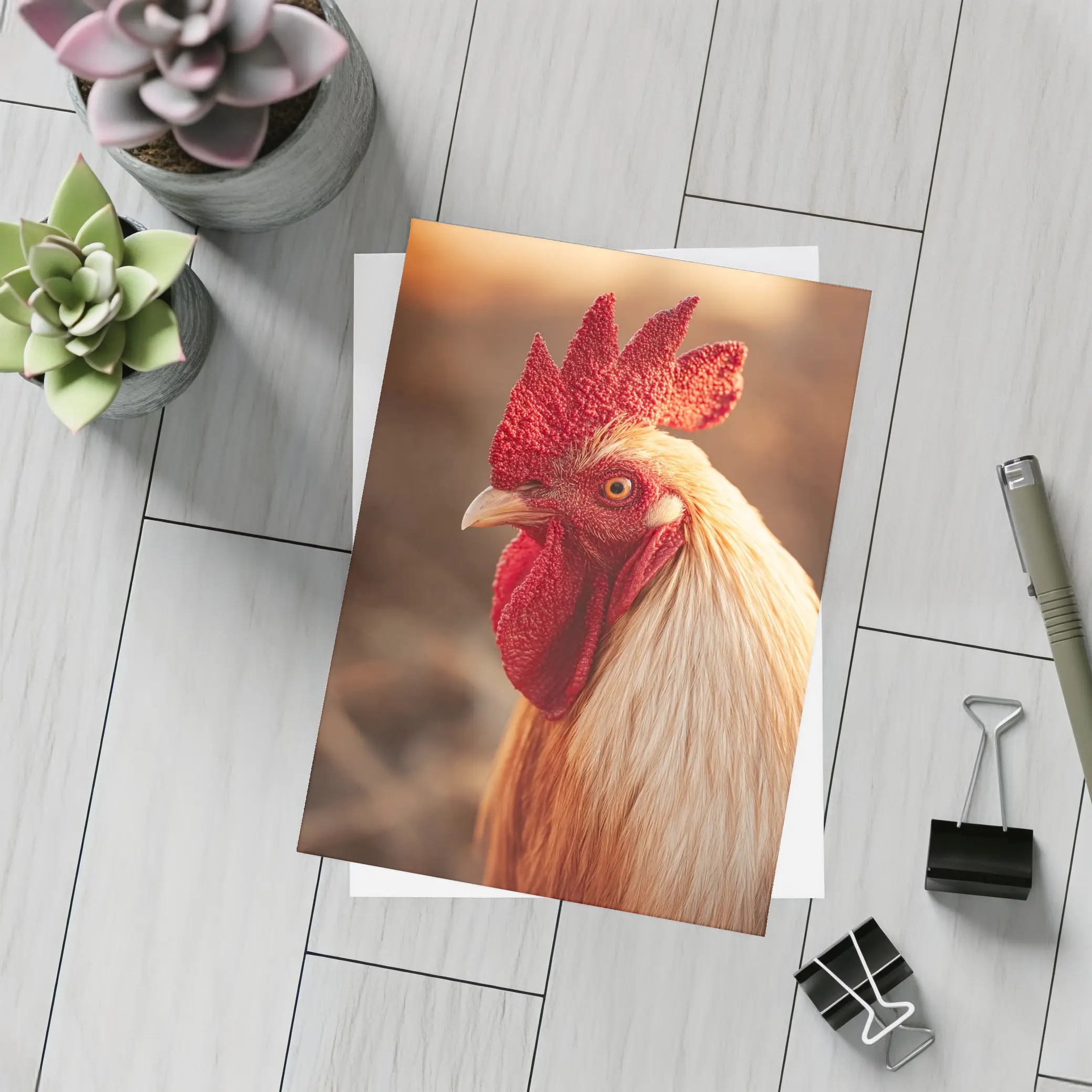 Golden Rooster Portrait Warm Bokeh Background – Postcards