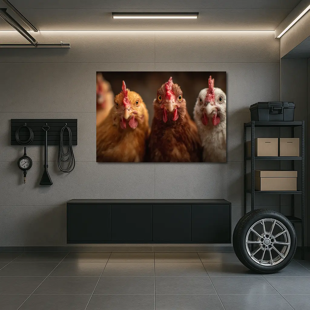 Three Chickens Close Up Farm Portrait – Wall Art