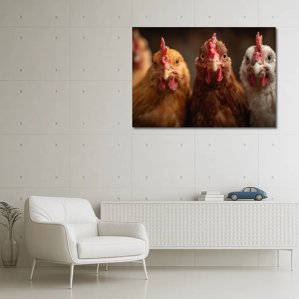 Three Chickens Close Up Farm Portrait – Wall Art