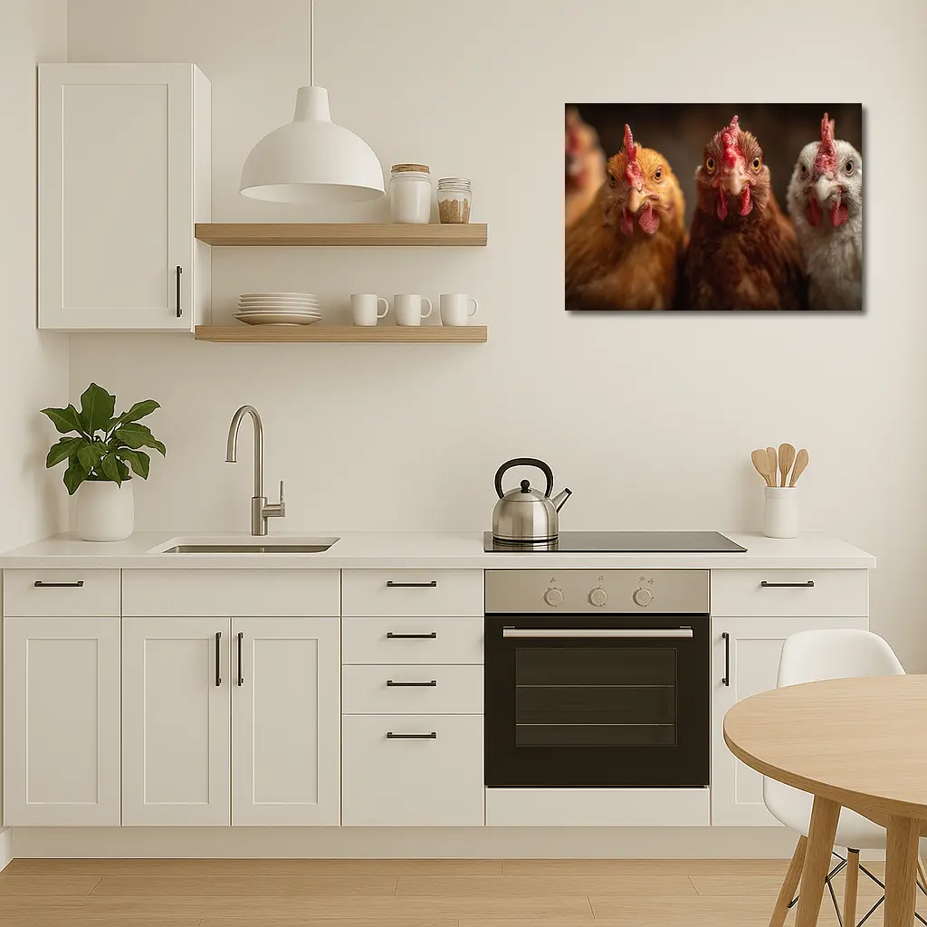 Three Chickens Close Up Farm Portrait – Wall Art