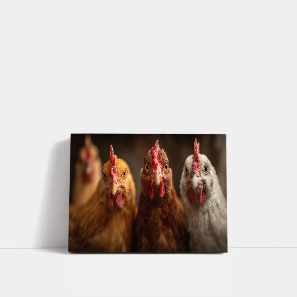 Three Chickens Close Up Farm Portrait – Wall Art
