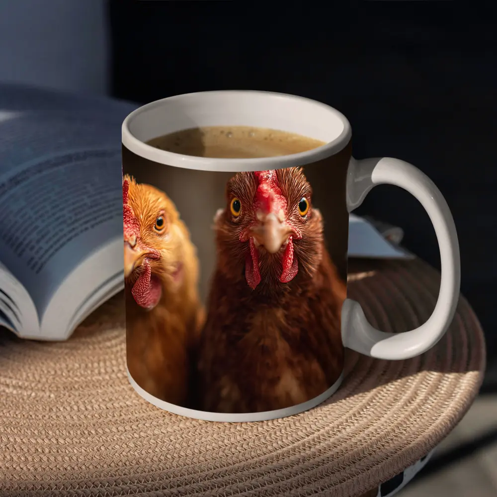 Three Chickens Close Up Farm Portrait – Mugs