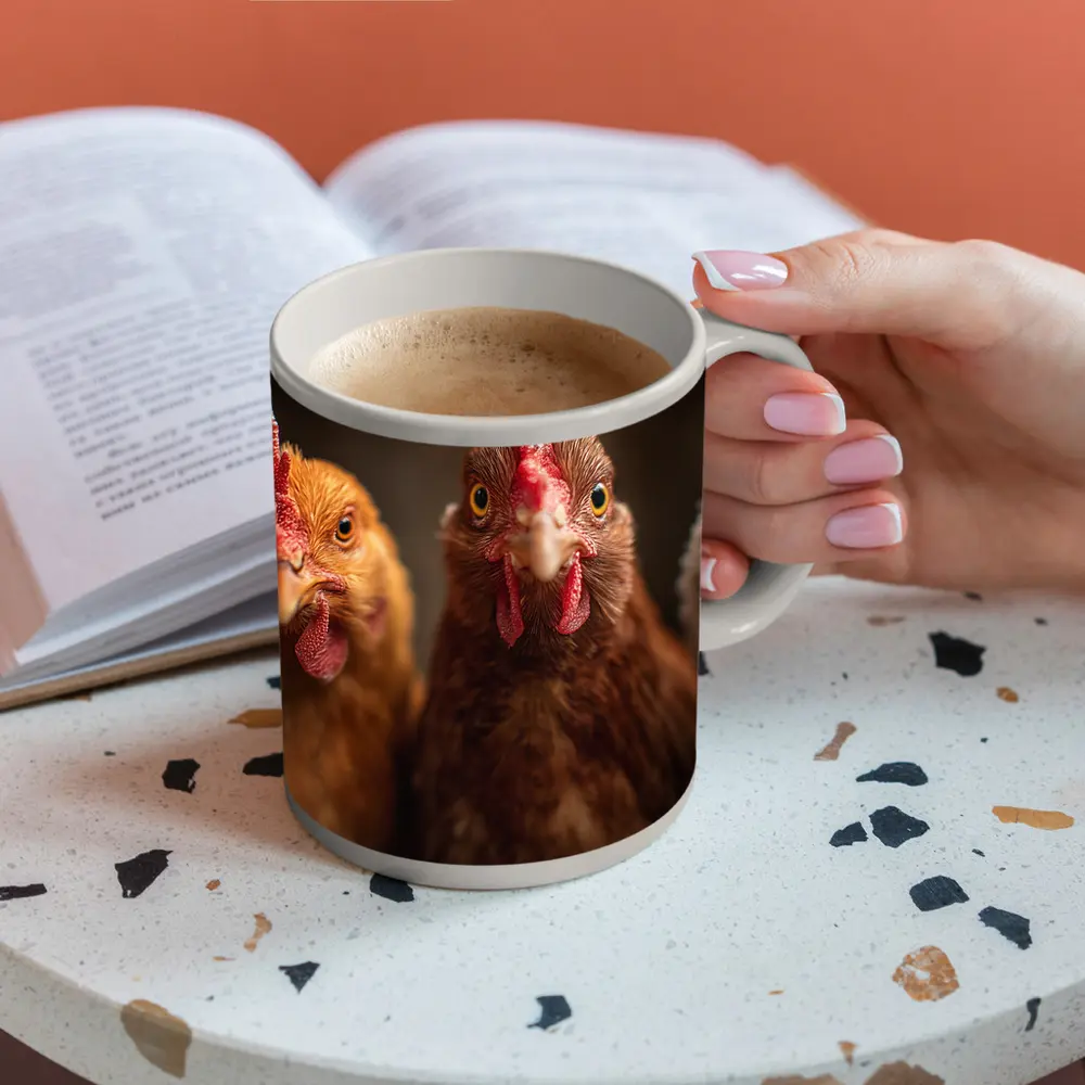 Three Chickens Close Up Farm Portrait – Mugs