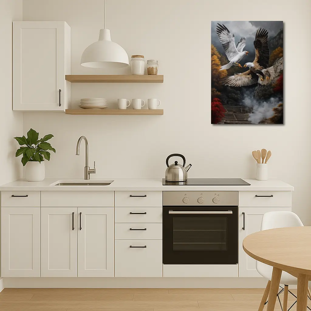 Bald Eagle And Dove Fight Autumn Cliffs – Wall Art