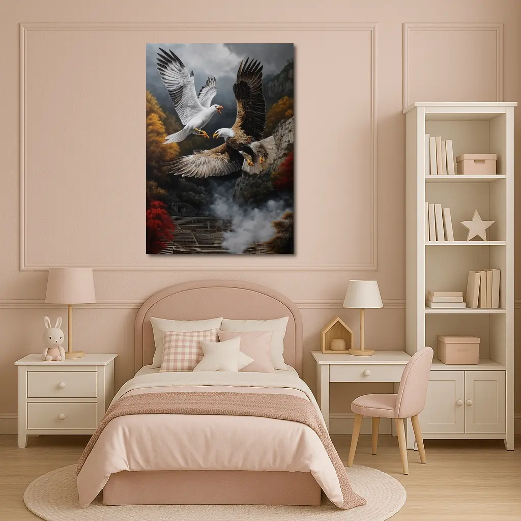Bald Eagle And Dove Fight Autumn Cliffs – Wall Art