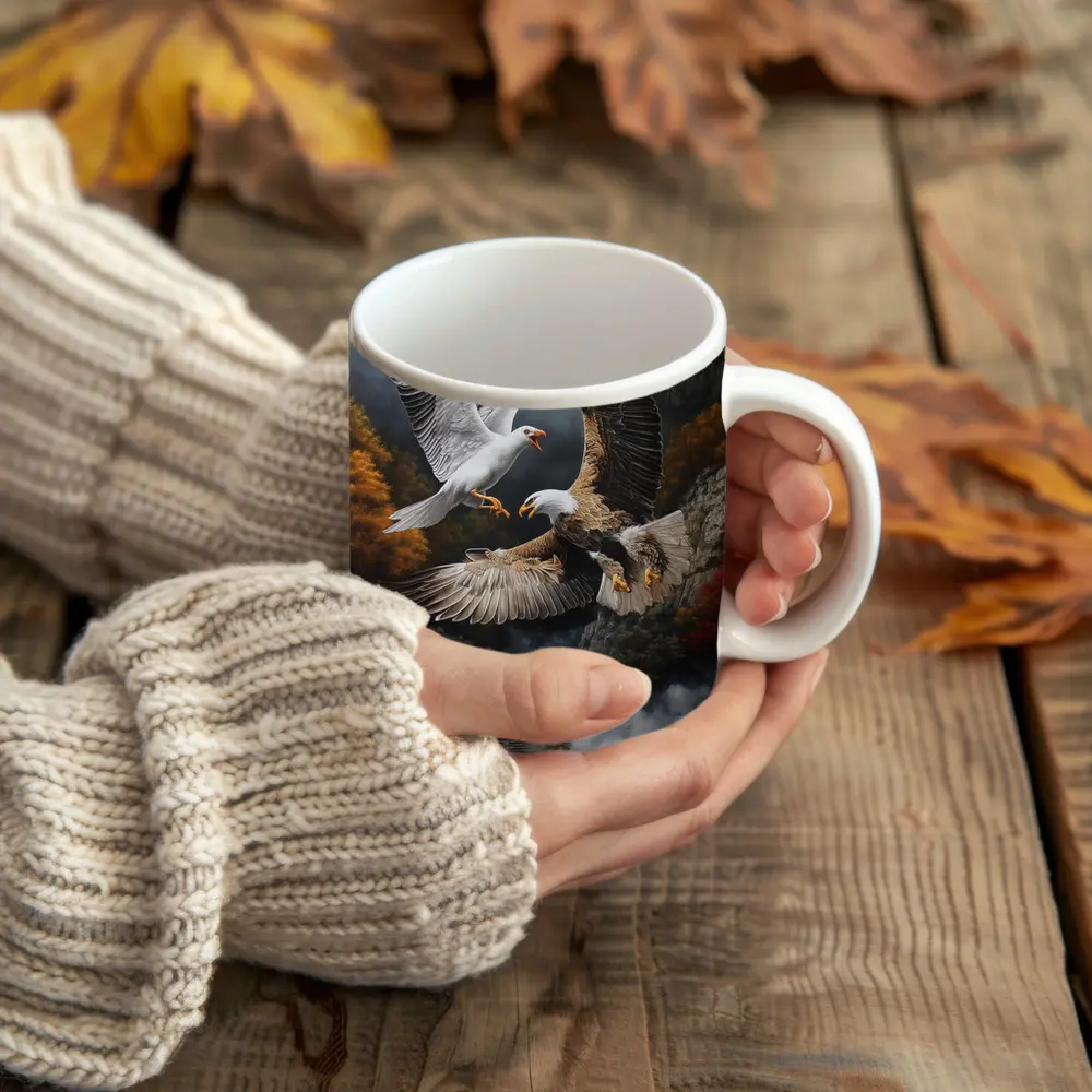 Bald Eagle And Dove Fight Autumn Cliffs – Mugs