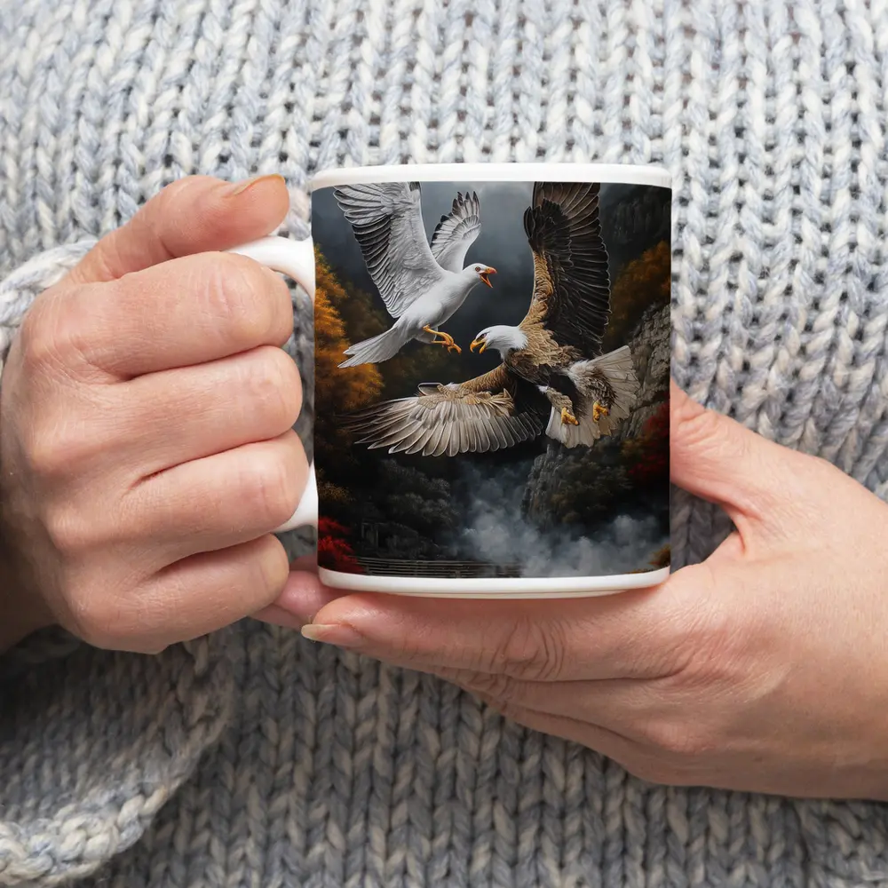 Bald Eagle And Dove Fight Autumn Cliffs – Mugs