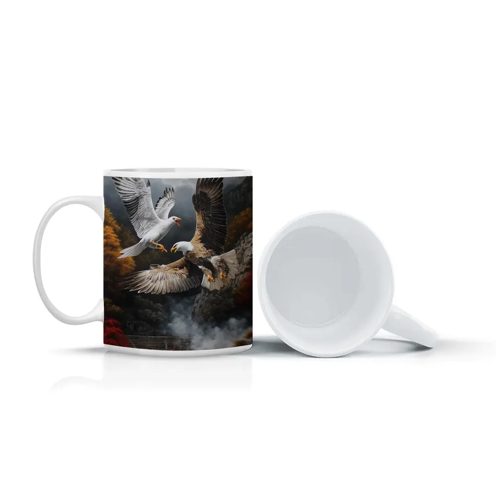 Bald Eagle And Dove Fight Autumn Cliffs – Mugs