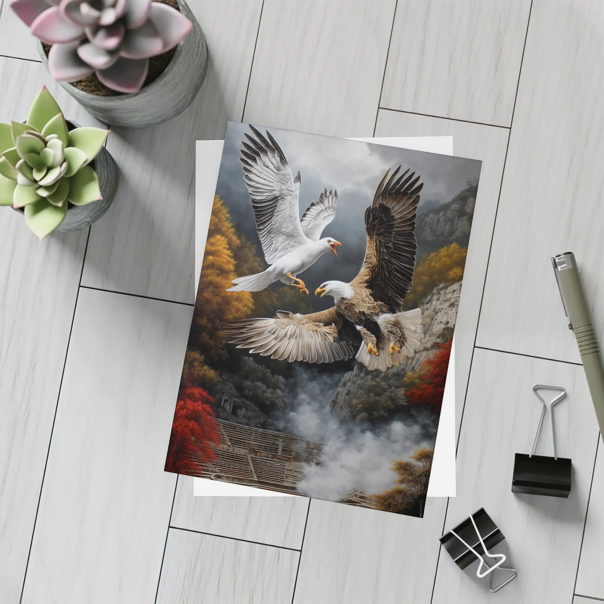 Bald Eagle And Dove Fight Autumn Cliffs – Postcards