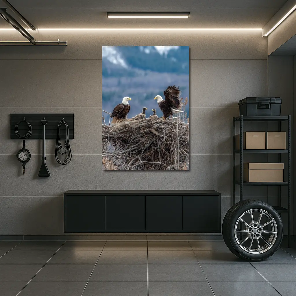 Bald Eagles Nesting With Mountain Background – Wall Art
