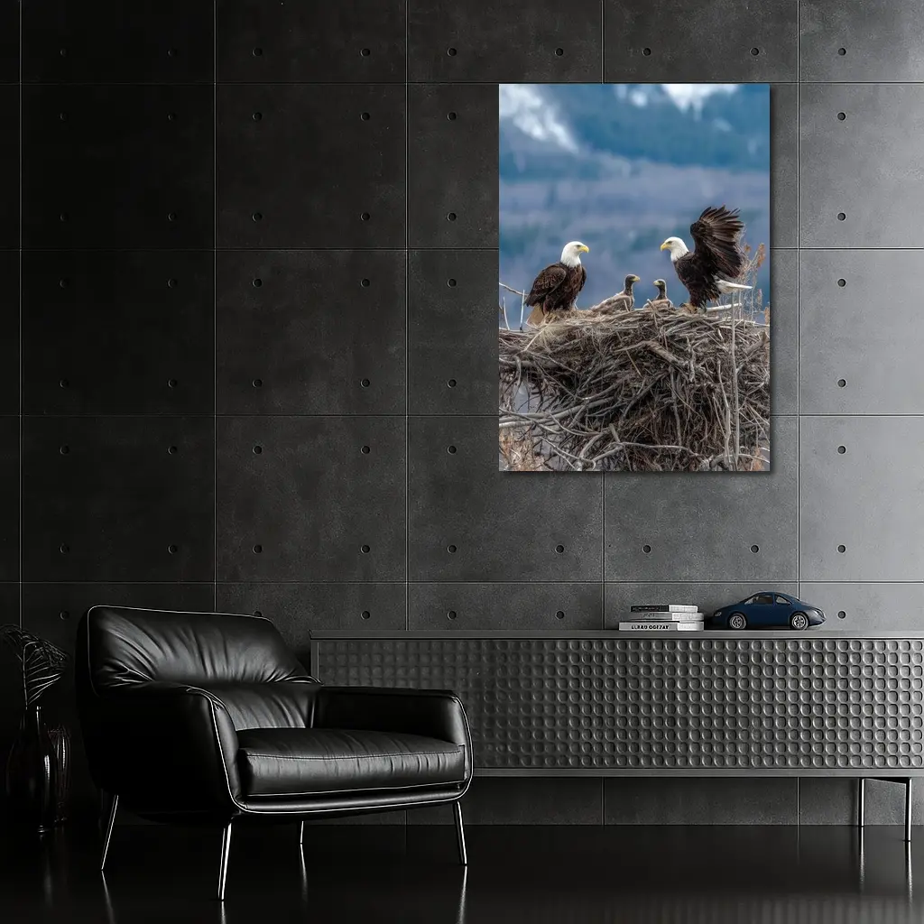 Bald Eagles Nesting With Mountain Background – Wall Art