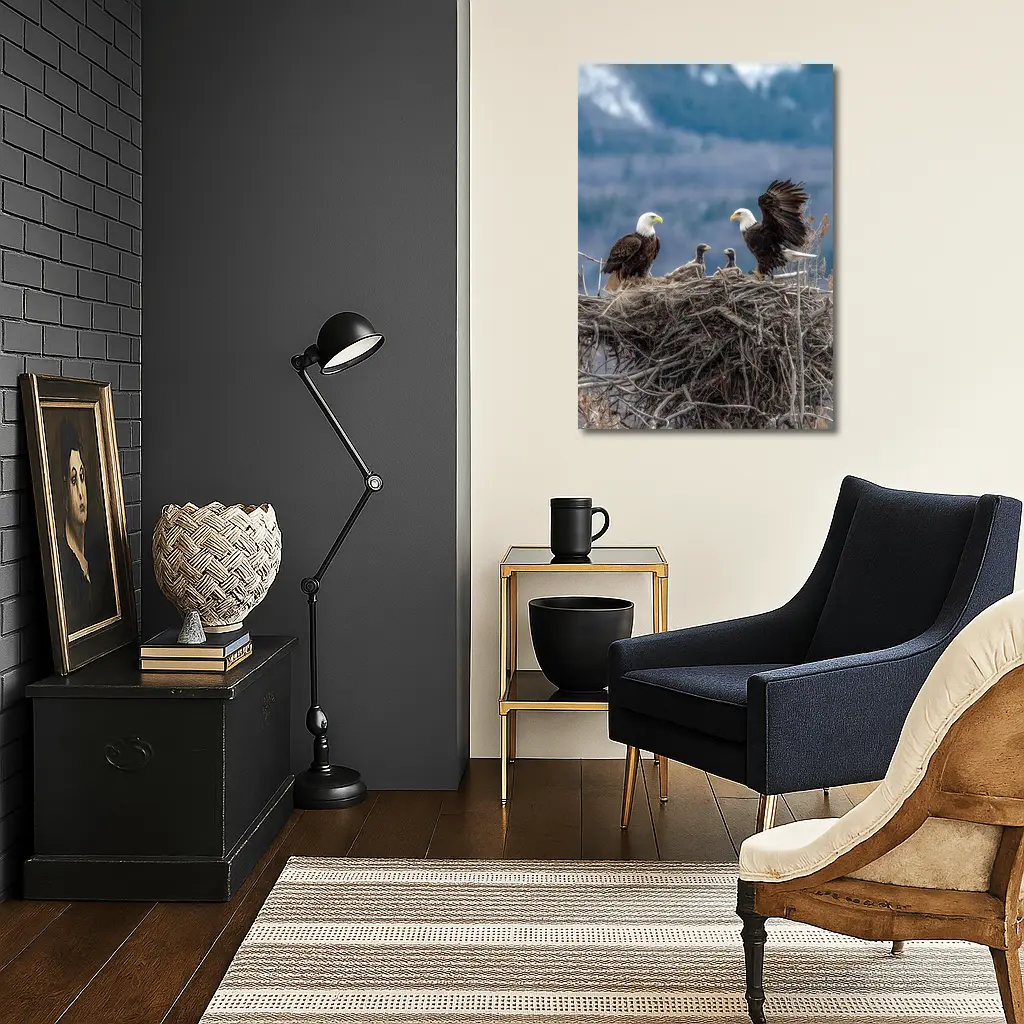Bald Eagles Nesting With Mountain Background – Wall Art