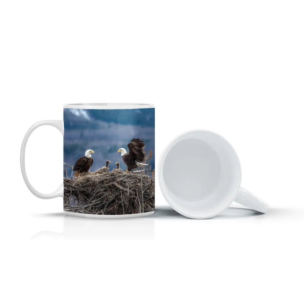 Bald Eagles Nesting With Mountain Background – Mugs